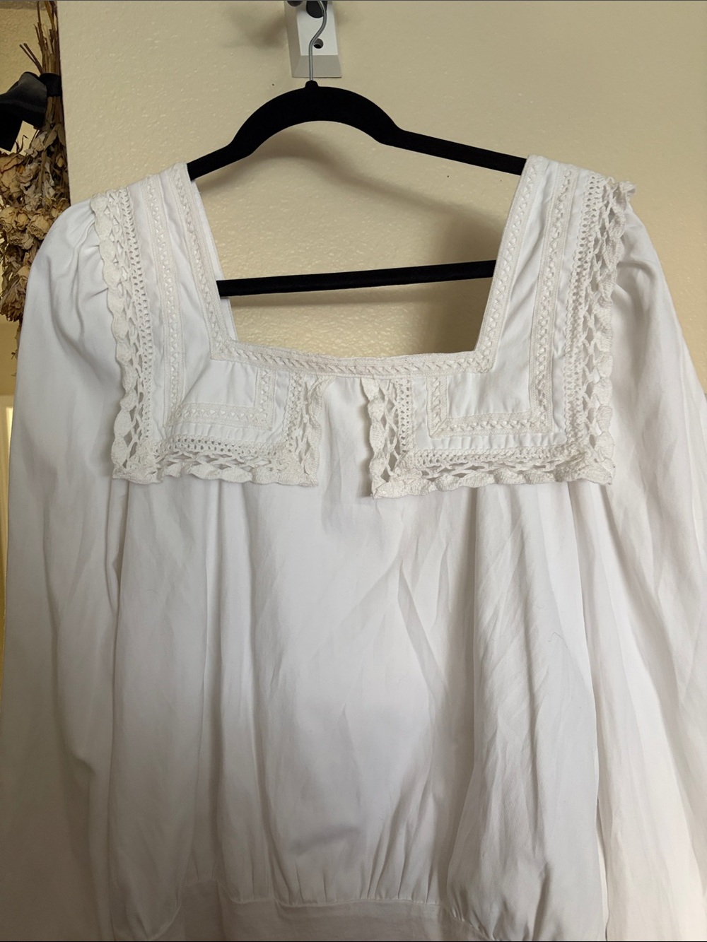 Eggie Brand White Lace-Trim Square Neck Long Sleeve Blouse